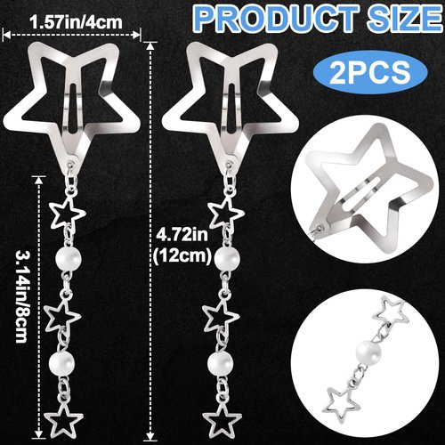 CustomyLife 2pcs Star Pearl Snap Hair Clips, y2k Silver Hair Barrettes Cute Tassel Metal Hair Pins Wedding Prom Hair Styling Accessories for Women Girls Gift