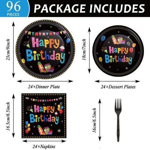 Tevxj 96PCS Happy Birthday Tableware Set Colorful Black Birthday Dinnerware Disposable Dessert Plates Birthday Theme Party Plates Napkins Forks for Boys and Girls Party Decorations Supplies 24 guests