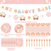 98PCS One Groovy Birthday Party Decorations Groovy One Party Paper Plates and Napkins Hippie Groovy Tablecloth Banner for Girls Hippie 1st Tableware for Newborn Retro Boho Baby Shower Party Supplies