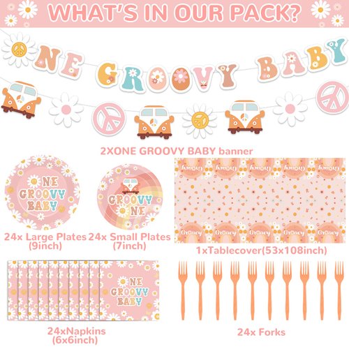 98PCS One Groovy Birthday Party Decorations Groovy One Party Paper Plates and Napkins Hippie Groovy Tablecloth Banner for Girls Hippie 1st Tableware for Newborn Retro Boho Baby Shower Party Supplies
