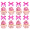 Bow Cupcake Toppers, Ribbon Bow Cake Topper for Baby Shower Cake Decor Girls Bow Coquette Themed Birthday Party Decorations (Rose Red)