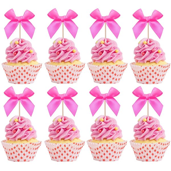 Bow Cupcake Toppers, Ribbon Bow Cake Topper for Baby Shower Cake Decor Girls Bow Coquette Themed Birthday Party Decorations (Rose Red)