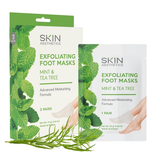 Skin Aesthetics Mint & Tea Tree Foot Masks Moisturizing Socks - Repair & Soften Cracked & Dry Feet, Hydrating & Exfoliating Foot Mask - Cruelty Free Korean Skin Care For All Skin Types - 3 Pairs