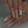 24 Pcs Heart Pink French Tip Press on Nails Long Coffin Fake Nails Glitter Rhinestones Glossy False Nails Full Cover Heart Stick on Nails with Glue on Nails for Women Girls DIY Nail Manicure Tip