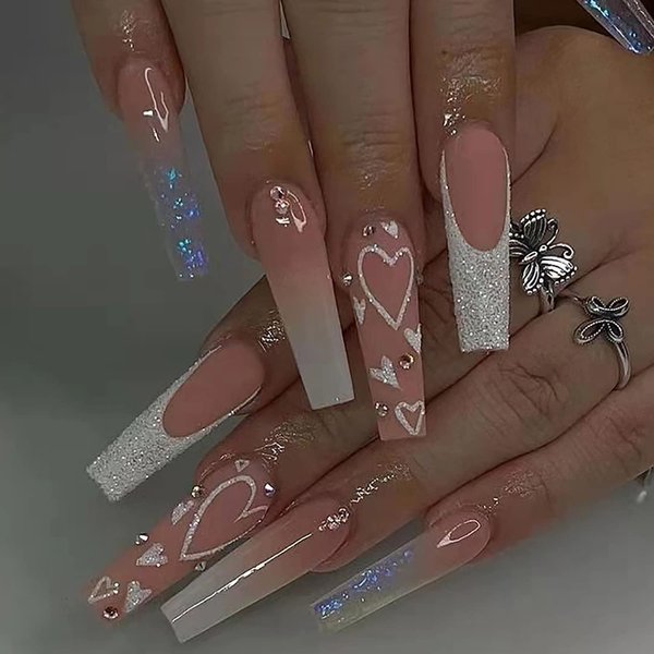 24 Pcs Heart Pink French Tip Press on Nails Long Coffin Fake Nails Glitter Rhinestones Glossy False Nails Full Cover Heart Stick on Nails with Glue on Nails for Women Girls DIY Nail Manicure Tip