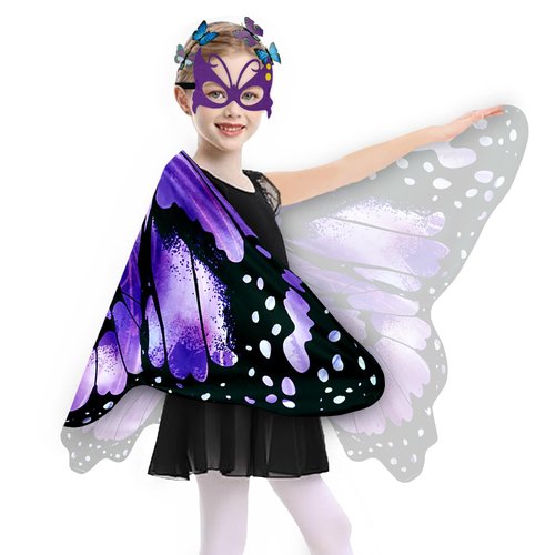 Sunlisky Kids Butterfly Wings Costume for Girls Fairy-Wings Mask Party Favors Gifts (Purple Sets)