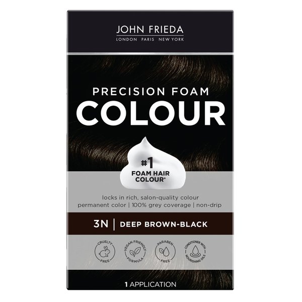 John Frieda Precision Foam Colour, Deep Brown Black 3N, Full-coverage Hair Color Kit, with Thick Foam for Deep Color Saturation