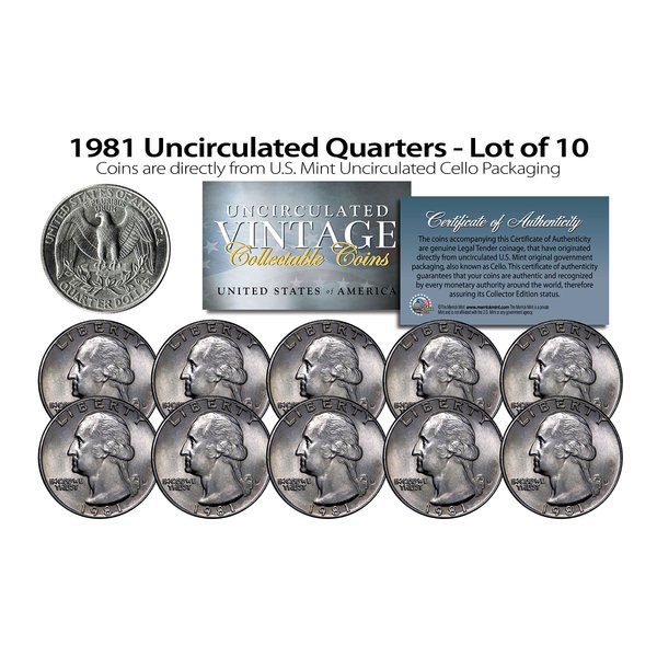 1981 US Mint Quarters Uncirculated Coins from U.S. Mint Cello Packs (Qty 10)