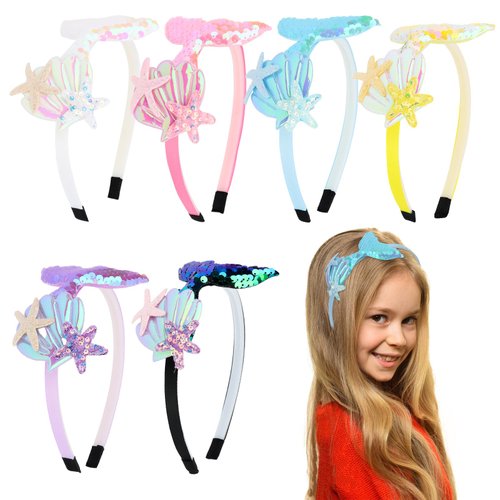 GAFATORY 6Pcs Mermaid Headbands for Girls Fish Tail Hair Band for Women White Pink Blue Purple Yellow Multi-colored Headbands Seashell Ocean Theme Cute Headband