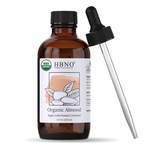 HBNO Organic Almond Oil - 4 OZ (120 ml) Value Size - Natural Almond Oil, Cold Pressed - Perfect Carrier Oil for Massage, Aromatherapy, DIY, Soap Making, Face, Body, Lips, Hair, Nails
