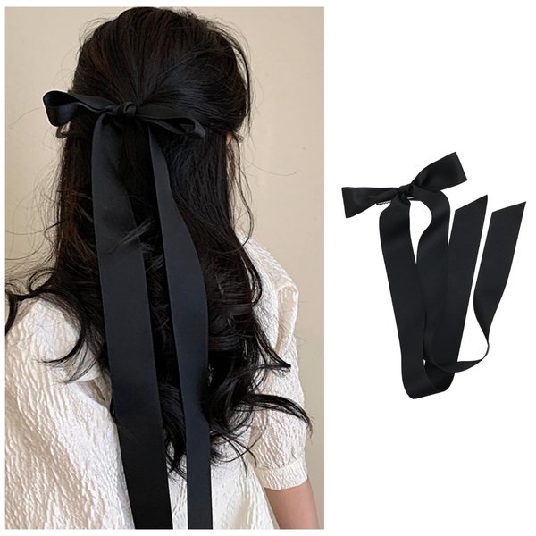 Vacaonio French Black Long Tail Hair Bow For Women Silky Satin Bowbont Hair Clip Ribbon Bow Hair Clip Barrette Ponytail Holder Hairclips Decorative Hair Accessories for Girls Headdress