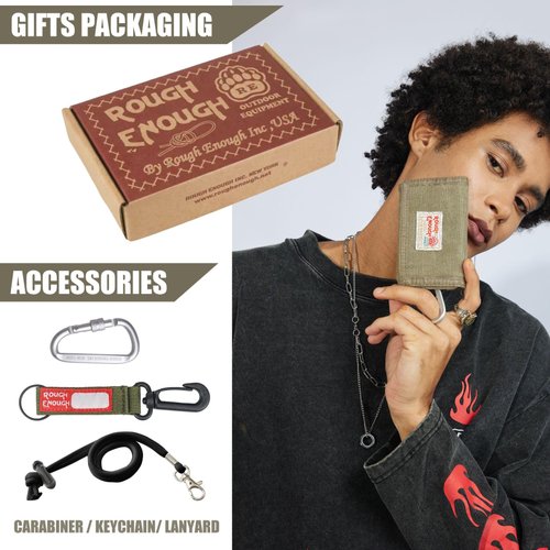 Rough Enough Boys Wallet for Teen Boys Kids Neck Lanyard Keychain Wallet with Zipper in Canvas Tactical Army Green