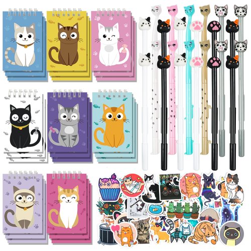 148 Pcs Cat Animal Party Favors Bulk Cat Mini Spiral Notepads Cat Pens Stickers Set for PET Birthday Party Classroom School Reward Gift Prizes Goodie Bags Stuffers