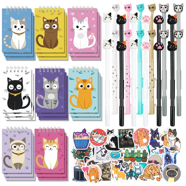148 Pcs Cat Animal Party Favors Bulk Cat Mini Spiral Notepads Cat Pens Stickers Set for PET Birthday Party Classroom School Reward Gift Prizes Goodie Bags Stuffers