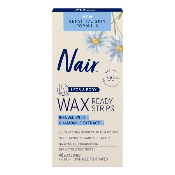 Nair Sensitive Hair Remover Wax Ready Strips, Legs and Body Hair Removal Wax Strips, 40 Count