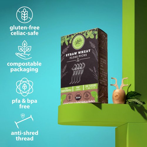 Biodegradable Dental Floss Picks - Natural Plastic Free Handle | Thin Thread Tooth Flossers for Adults & Kids Toothpick Stick Soft on Gum Teeth Eco Friendly Zero Waste Vegan Organic (200, Mint)