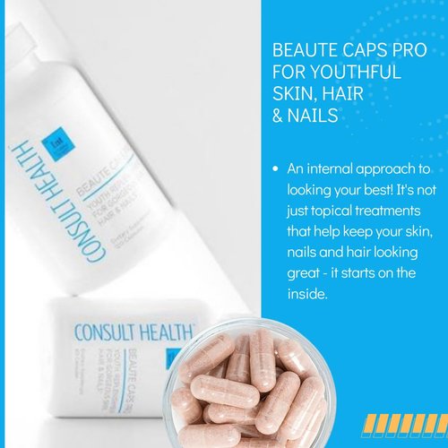 Consult Health Beaute Caps PRO - Supports Healthy Hair, Skin & Nails - Biotin 10,500 mcg - Red Orange Complex - Collagen - High Potency Support - Vitamin C & D - Minerals - 90 Day - 180 Capsules