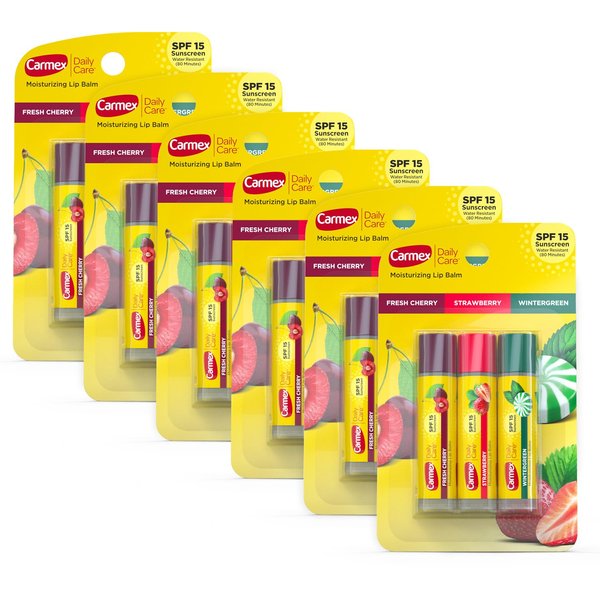Carmex Daily Care Moisturizing Lip Balm Sticks with SPF, Fresh Cherry, Strawberry and Wintergreen Lip Balm Pack, 0.15 OZ - (6 packs of 3)