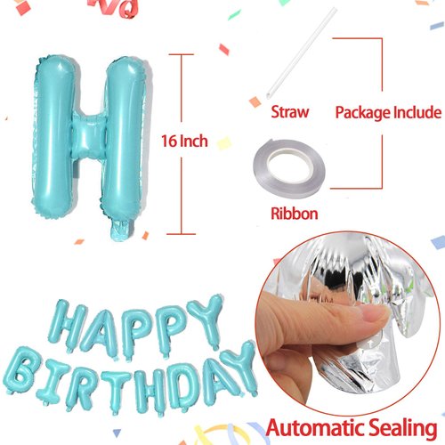 Teal Blue Happy Birthday Balloons Banner,16 Inch Mylar Foil Letters Sign,Reusable Balloons for Women, Men, Boys & Girls Birthday Decorations Party Supplies