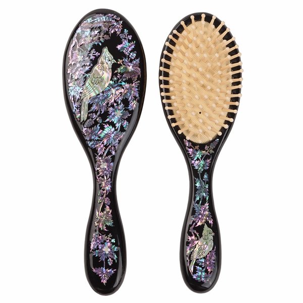 Antique Alive Mother of Pearl Inlay Art Parrot Bird Christmas Flower Luxury Oval Black Hair Brush Detangling Anti Static Scalp Massage Comb Wooden Handle Bristle Cushion Kids Girl Boy Gift Hairbrush