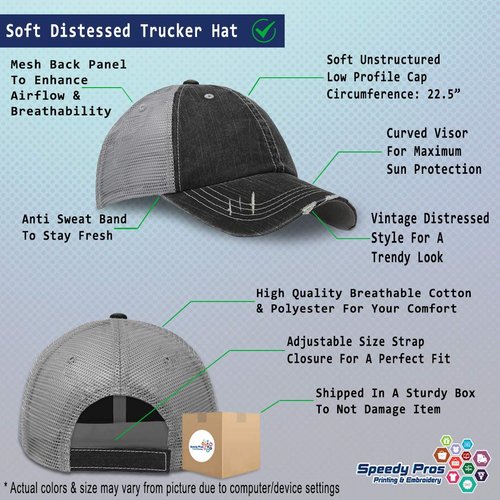 Custom Distressed Trucker Hat Uffda! Embroidery Cotton for Men & Women Strap Closure Black Gray Design Only