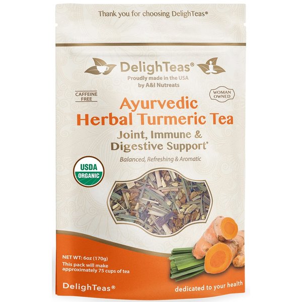 DelighTeas Organic Turmeric Ginger Tea | Ayurvedic Loose Leaf Herbal Turmeric Tea for Joint, Immune & Digestive Support | Non-GMO, Caffeine Free, Unsweetened | 75 Servings, 6oz.