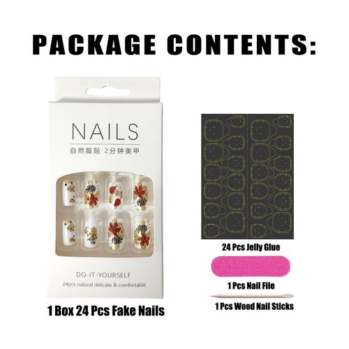 Fall Nails Press on Nails Short Square Fake Nails Thanksgiving Acrylic Nails with Fall Leaf Design Autumn Maple Leaf Decoration Gold Glossy Thanksgiving False Nails Stick on Nails for Women Girls