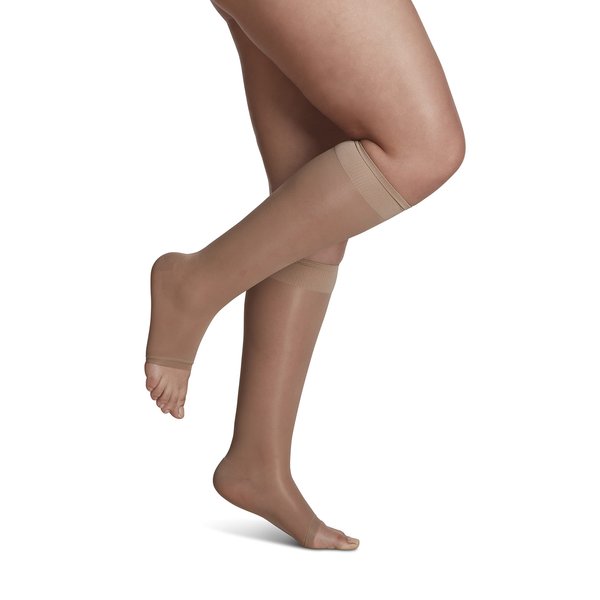 SIGVARIS Women's Sheer Fashion Open Toe Calf Height - 15-20mmHg Weight Compression Hose - Lightweight & Breathable in Soft Stretch Fabric for Comfortable Everyday Wear - Golden - B (Medium)
