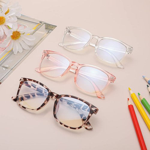 COASION Blue Screen Glasses for Kids Age 3-12, 3 Pack Blue Light Blocking Glasses for Girls Boys, Computer Gaming Fake Eyeglasses (Leopard + Clear Pink + Transparent)