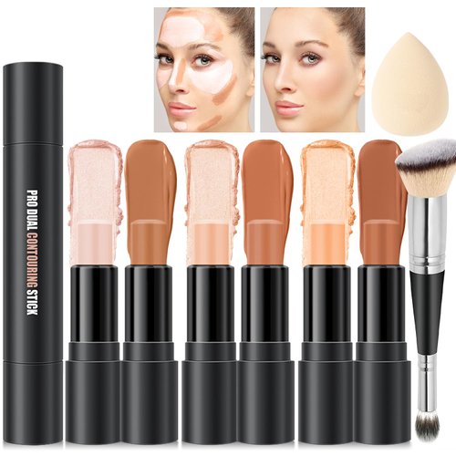 6 Colors Cream Contour Sticks Makeup Kit, Primer Face Highlighter Contouring for Beginners, Highlight and Contour Kit, Cream Concealer Makeup Blur Stick, Primer Face Corrector (SET A)