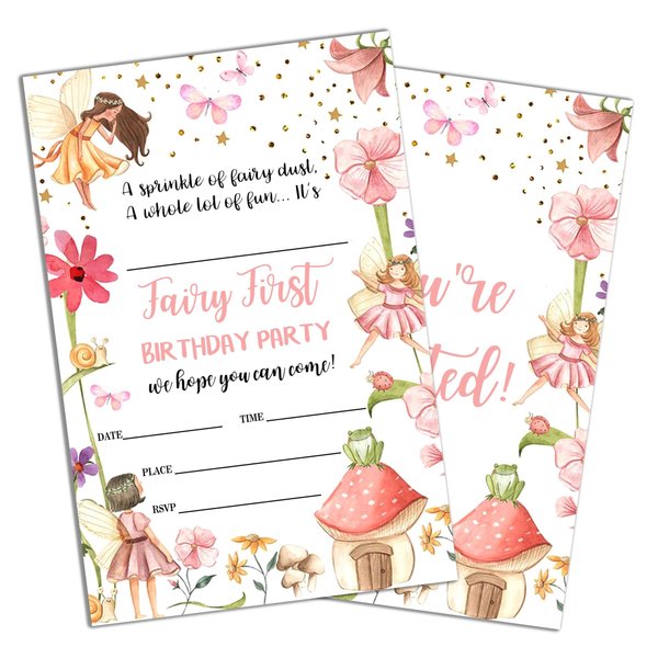 Sahjzk Magical Garden Princess Style Fill-In Birthday Invites(4"x6"), Fairy 1st Birthday Invitations with Envelopes(20-Pack), Birthday Party Supplies for Girls, Teen, Kids-A13