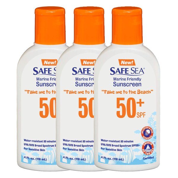 Safe Sea Jellyfish Sting-Blocking Sunscreen, SPF 50+ Lotion 4oz, Waterproof, Biodegradable, Coral Reef-Safe – Body and Face Sunscreen, Anti-Jellyfish and Sea-Lice sting protection. 4 FL Oz (Pack of 3)