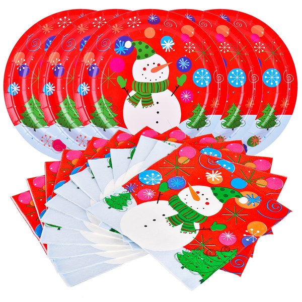 Gatherfun Christmas Party Supplies Christmas Snowman Disposable Paper Dinner Plates and Napkins for Merry Christmas Party, Serve 50