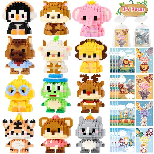 DBPBToU 24 Packs Valentines Day Gifts for Kids, Building Blocks with Valentines Day Cards for Kids School Classroom, Building Blocks Valentines Gifts for Kids, Valentines Party Favors (002)