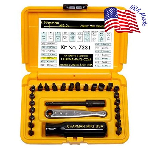 Chapman MFG 7331 All-Purpose Standard Screwdriver Set - Includes Phillips, SAE Allen Hex & Slotted/Flathead Bits - Complete Set Offers 24 USA Made Insert Bits + Mini Ratchet Hand Tool (Yellow Case)