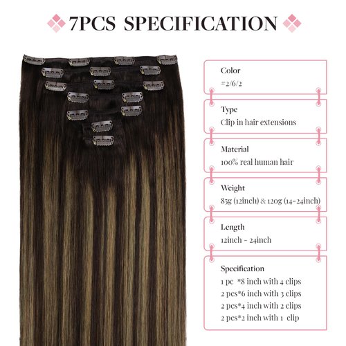 MAXITA Clip in Hair Extensions Real Human Hair, 120g 7pcs Balayage Dark Brown Mixed Chestnut Brown 18 Inch, Human Hair Extensions Straight Hair Extensions Clip in Human Hair
