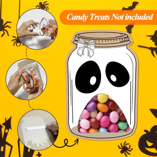 SHIEL-EVEN Halloween DIY Crafts-50 Pack Mason Jars Shape Halloween Cards with Candy Bags for Party Favors, 5 Design Halloween Crafts for Kids, Halloween Cardstock Craft Supplies for Classroom School