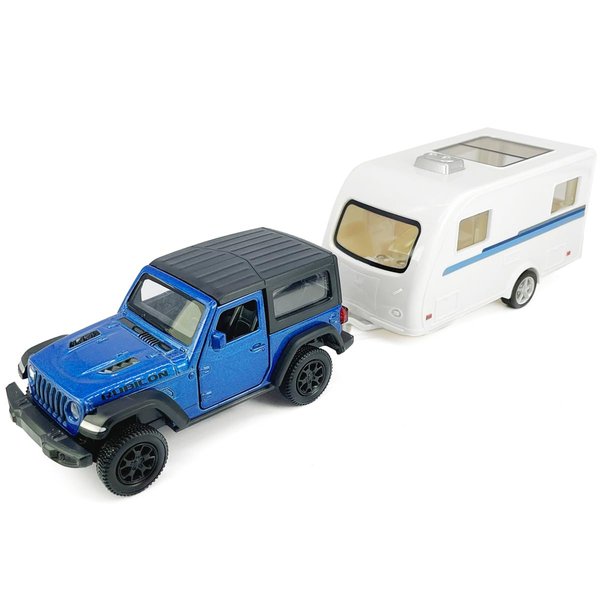2 Doors Wrangler Rubicon SUV Model Car Trailer Towing Toy Camper RV Motorhome Toys for Boys, Doors Open, 1/36 Scale Diecast Metal Toy Cars, 3 4 5 6 7 Year Old Kids Gifts Cake Topper Home Office Decor