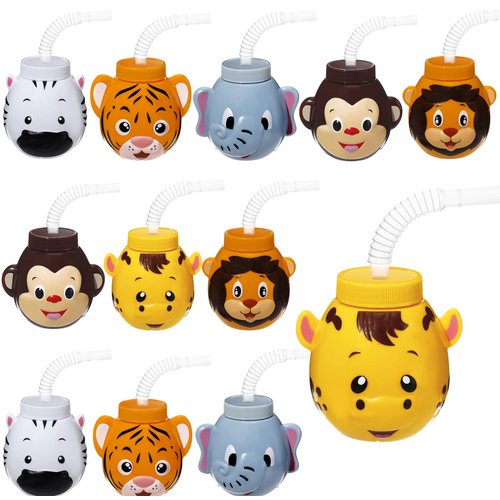 12 Set Zoo Animal Cups with Straws and Lids, 10 oz Plastic Reusable Safari Jungle Animal Theme Party Kids Cups for Elephant, Monkey, Lion, Tiger, Zebra, Giraffe, Safari Birthday Party Supplies
