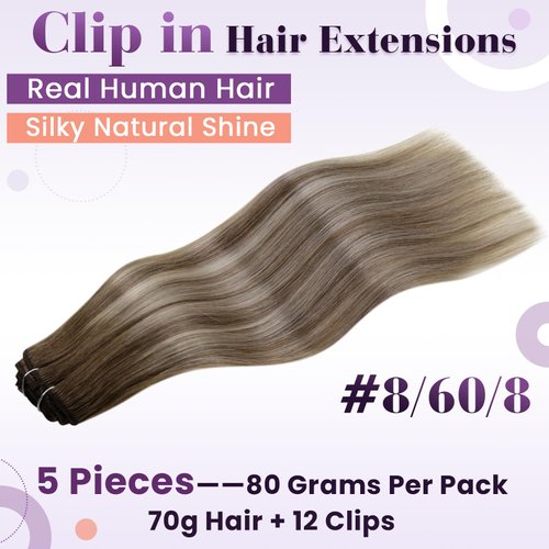 LaaVoo Hair Extensions Clip ins Real Human Hair Balayage Light Brown to Blonde Ombre Human Hair Clip in Extensions Short Clip in Hair Extensions Double Weft 12 Inch 5pcs/80g