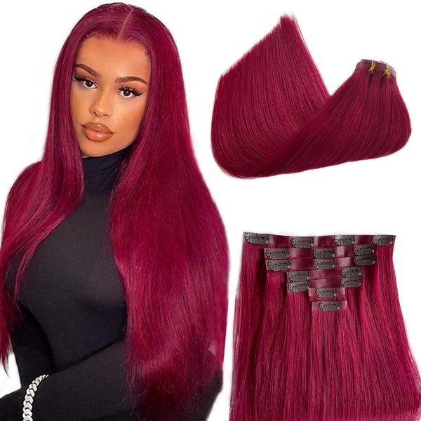 7pcs Clip in Hair Extensions Burgundy Seamless Clip in Hair Extensions Human Hair 14 Inch 100 Grams Thick Ends Remy Hair Extensions Clip ins Full Head Natural Real Human Hair