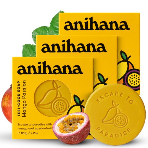 ANIHANA Feel-Good Soap 3 Pack with Coconut Oil and Shea Butter Gentle Cleansing Paraben Free Cruelty Free Refreshing Mango Passion Scent 4.2 oz each