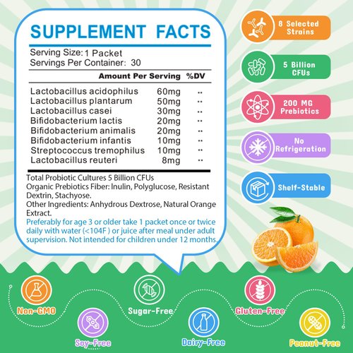 ZEBORA Kids Probiotic & Prebiotics Powder Age 3+ Support Children's Digestive & Immune System with Natural Source, Promotes Constipation Relief, Non-GMO, Gluten-Free, 30 Packets with 5 Billion CFUs