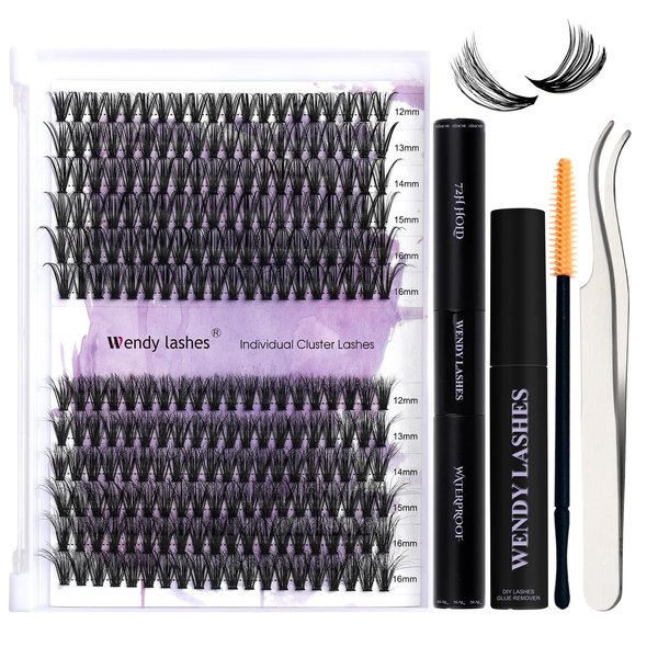 WENDY Lash Extension Kit Lash Clusters Kit D Curl Cluster Lashes 40D+3D Effect Individual Lashes with Lash Bond and Seal Lash Applicator Lash Glue Remover Brush Eyelash Clusters(40/3DP-D Kit,12-16mm)