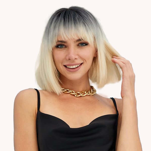 BESSY HAIR Blonde Bob Wig with Bangs, 1b613 Ombre Bob Wigs for women 12 Inch Straight Short Bob Wig Heat Resistant Soft Synthetic Wig Daily Party Cosplay Halloween Use