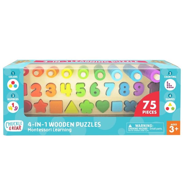 Chuckle & Roar - Shapes & Numbers Montessori Wooden Puzzle - Fun and Educational Wooden Puzzle for Kids - Develops Fine Motor Skills - 10PC Shape, 10PC Number, 55PC Ring Puzzle