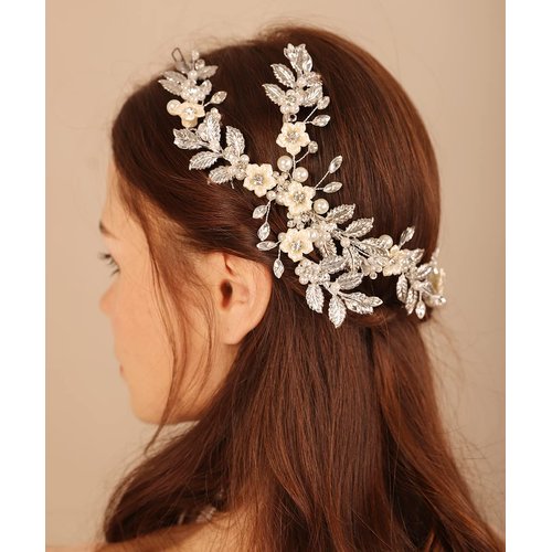 Xerling Wedding Flower and Leaf Hair Comb for Brides Vintage Hair Vine for Women Bridal Rhinestone Comb Hair Accessory Girl Pearl Hair Piece Jewelry (Silver)