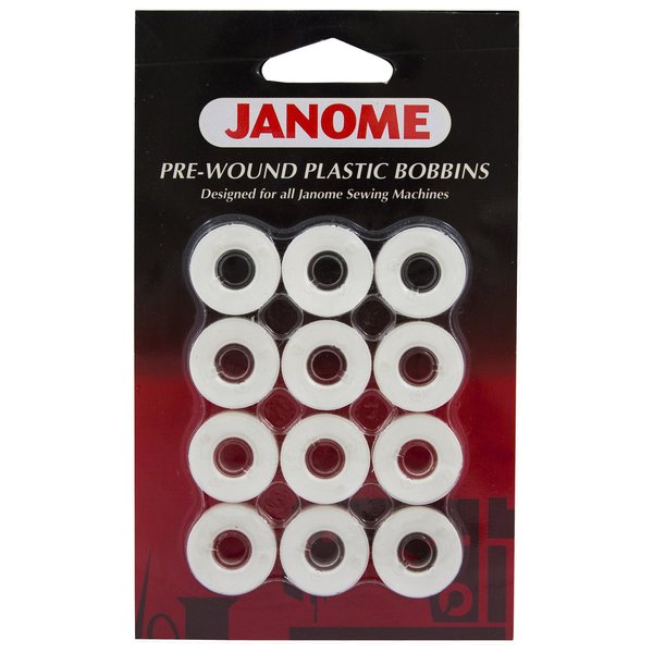 Janome 12 Pack Pre-Wound Plastic Bobbins White Thread