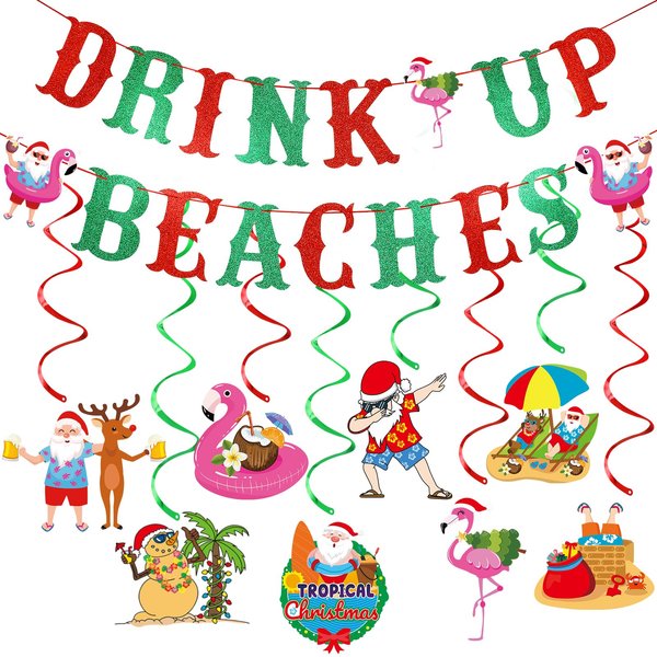 Red and Green Glitter Beaches Christmas Banner Christmas In July Banner Beach Christmas July Party Decorations, Hawaiian Tropical Christmas Beaches Party Decorations