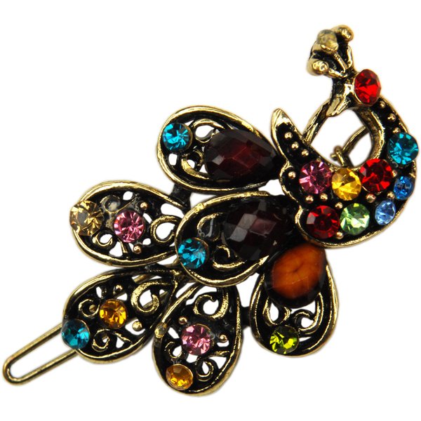 Peacock Mutli-colored Rhinestone Hair Barrette- 2" + Gift Bag